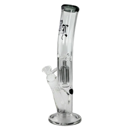 Clear glass water pipe with black text on a gray background