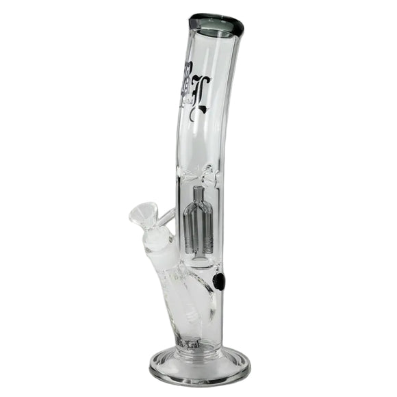 Clear glass water pipe with black text on a gray background
