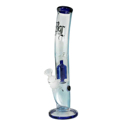 Glass water pipe with blue accents on a light blue background