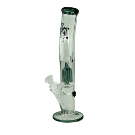 Clear glass water pipe with a green accent on a light green background