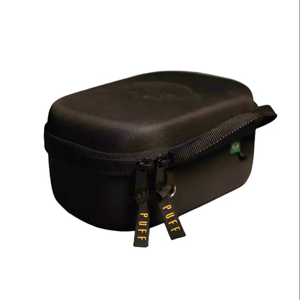 A brown PUFF smell-proof case with a zipper, featuring the PUFF logo in white on the top and side.